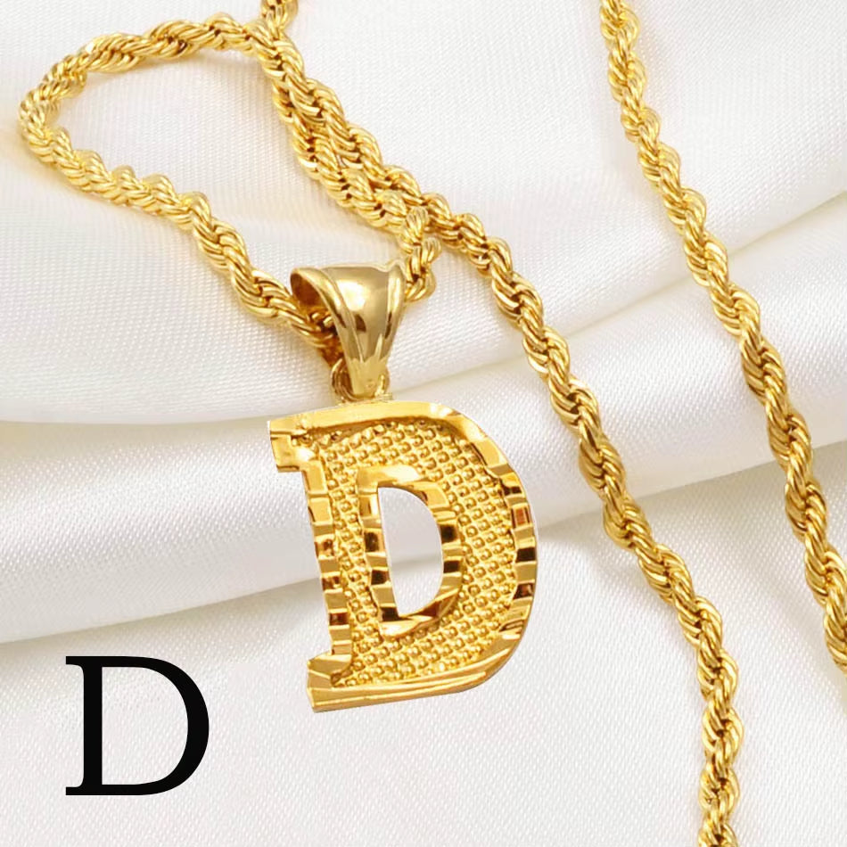 A-Z Letters Necklaces Women Men Gold Plated Initial Pendant Rope Chain English Letter Jewelry Alphabet African #058002B