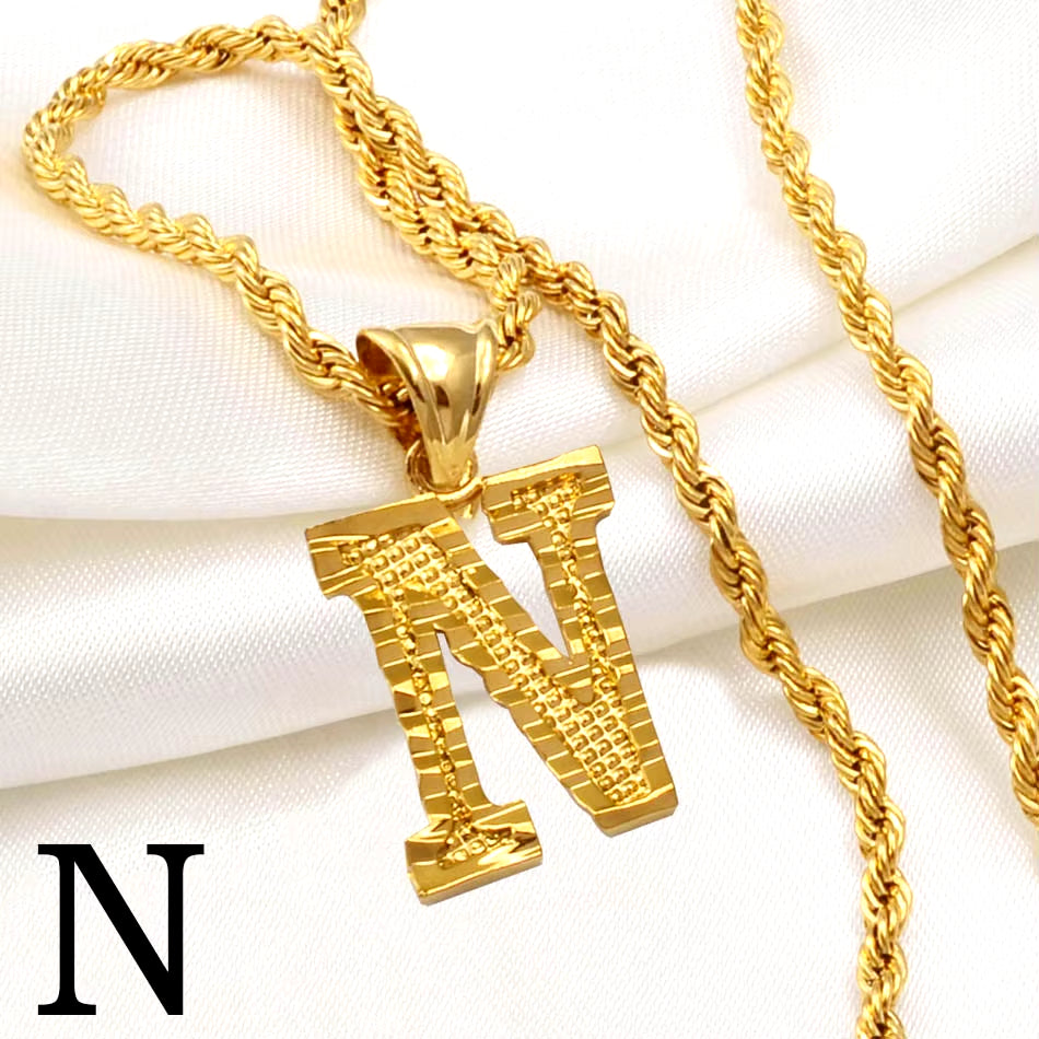 A-Z Letters Necklaces Women Men Gold Plated Initial Pendant Rope Chain English Letter Jewelry Alphabet African #058002B