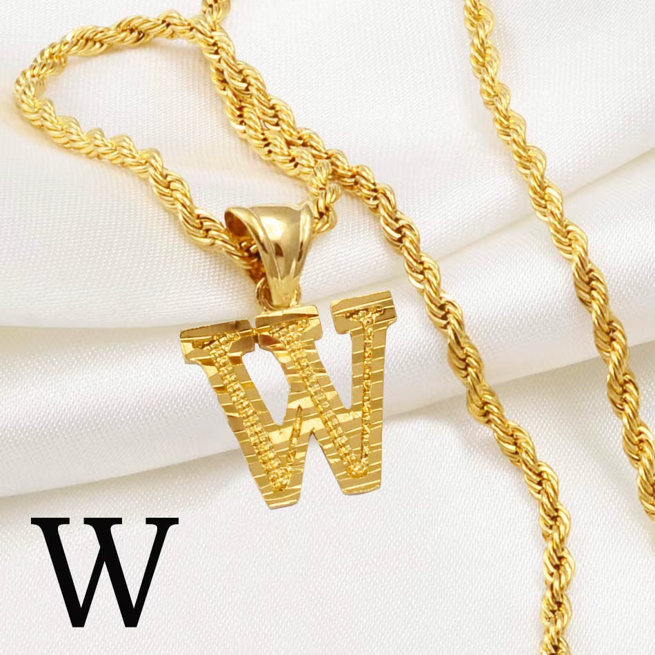 A-Z Letters Necklaces Women Men Gold Plated Initial Pendant Rope Chain English Letter Jewelry Alphabet African #058002B