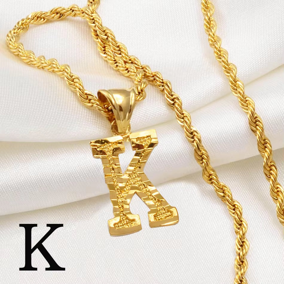 A-Z Letters Necklaces Women Men Gold Plated Initial Pendant Rope Chain English Letter Jewelry Alphabet African #058002B