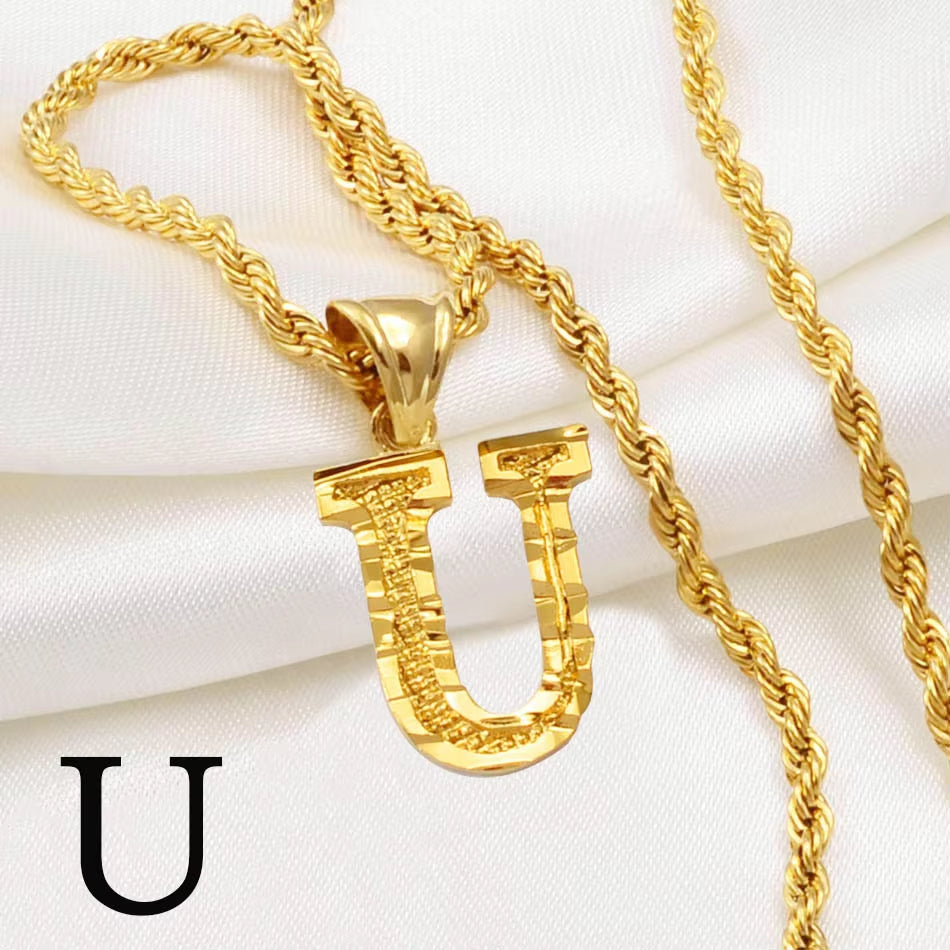 A-Z Letters Necklaces Women Men Gold Plated Initial Pendant Rope Chain English Letter Jewelry Alphabet African #058002B