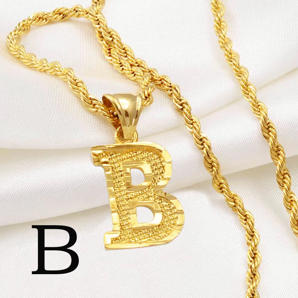 A-Z Letters Necklaces Women Men Gold Plated Initial Pendant Rope Chain English Letter Jewelry Alphabet African #058002B