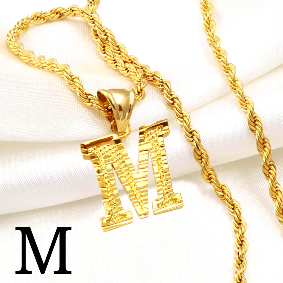 A-Z Letters Necklaces Women Men Gold Plated Initial Pendant Rope Chain English Letter Jewelry Alphabet African #058002B