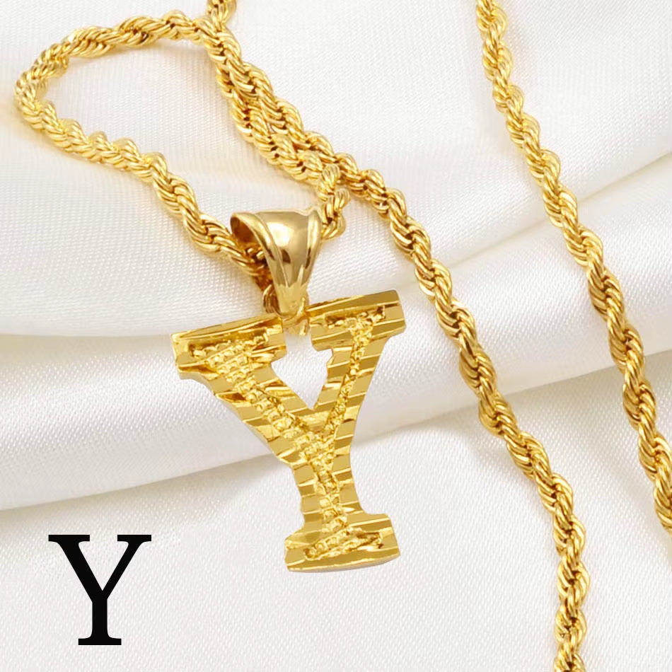 A-Z Letters Necklaces Women Men Gold Plated Initial Pendant Rope Chain English Letter Jewelry Alphabet African #058002B