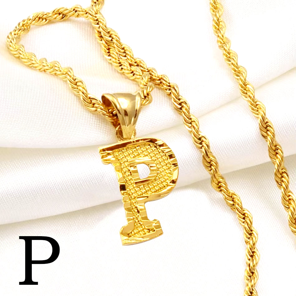 A-Z Letters Necklaces Women Men Gold Plated Initial Pendant Rope Chain English Letter Jewelry Alphabet African #058002B