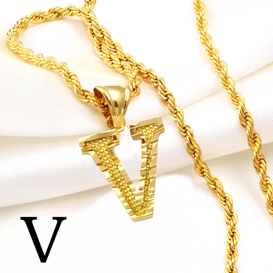 A-Z Letters Necklaces Women Men Gold Plated Initial Pendant Rope Chain English Letter Jewelry Alphabet African #058002B