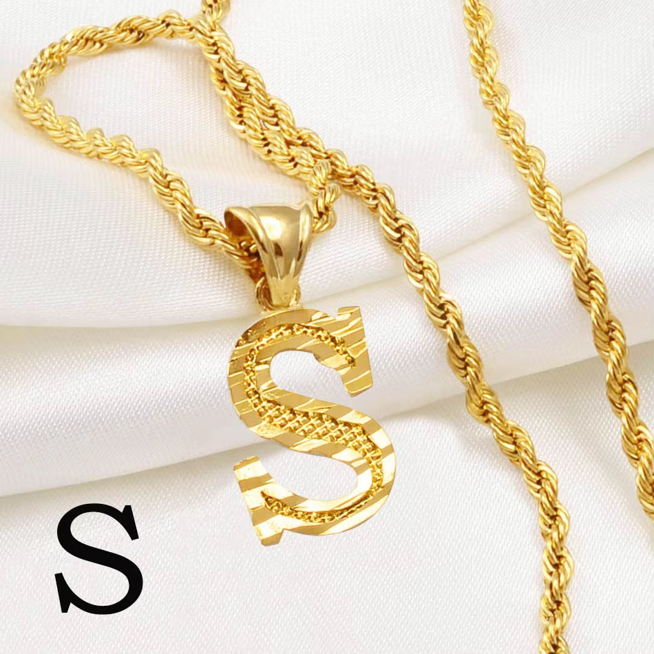 A-Z Letters Necklaces Women Men Gold Plated Initial Pendant Rope Chain English Letter Jewelry Alphabet African #058002B