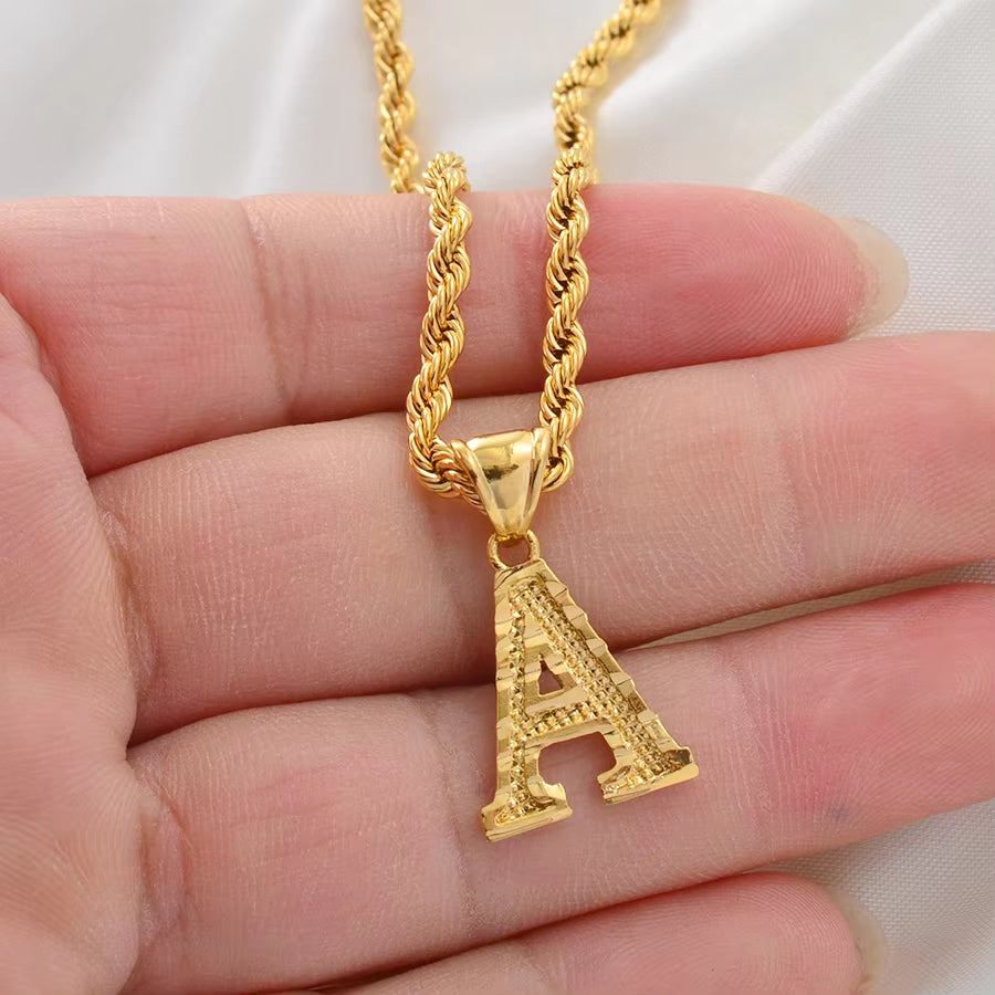 A-Z Letters Necklaces Women Men Gold Plated Initial Pendant Rope Chain English Letter Jewelry Alphabet African #058002B