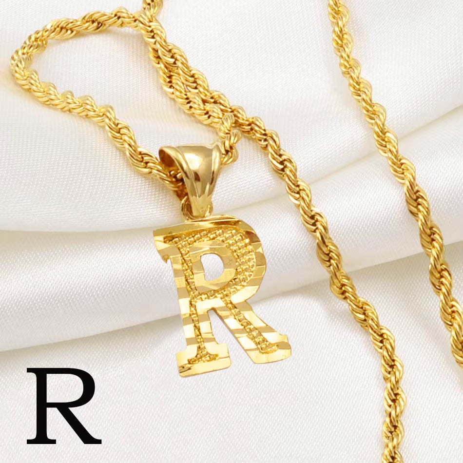 A-Z Letters Necklaces Women Men Gold Plated Initial Pendant Rope Chain English Letter Jewelry Alphabet African #058002B